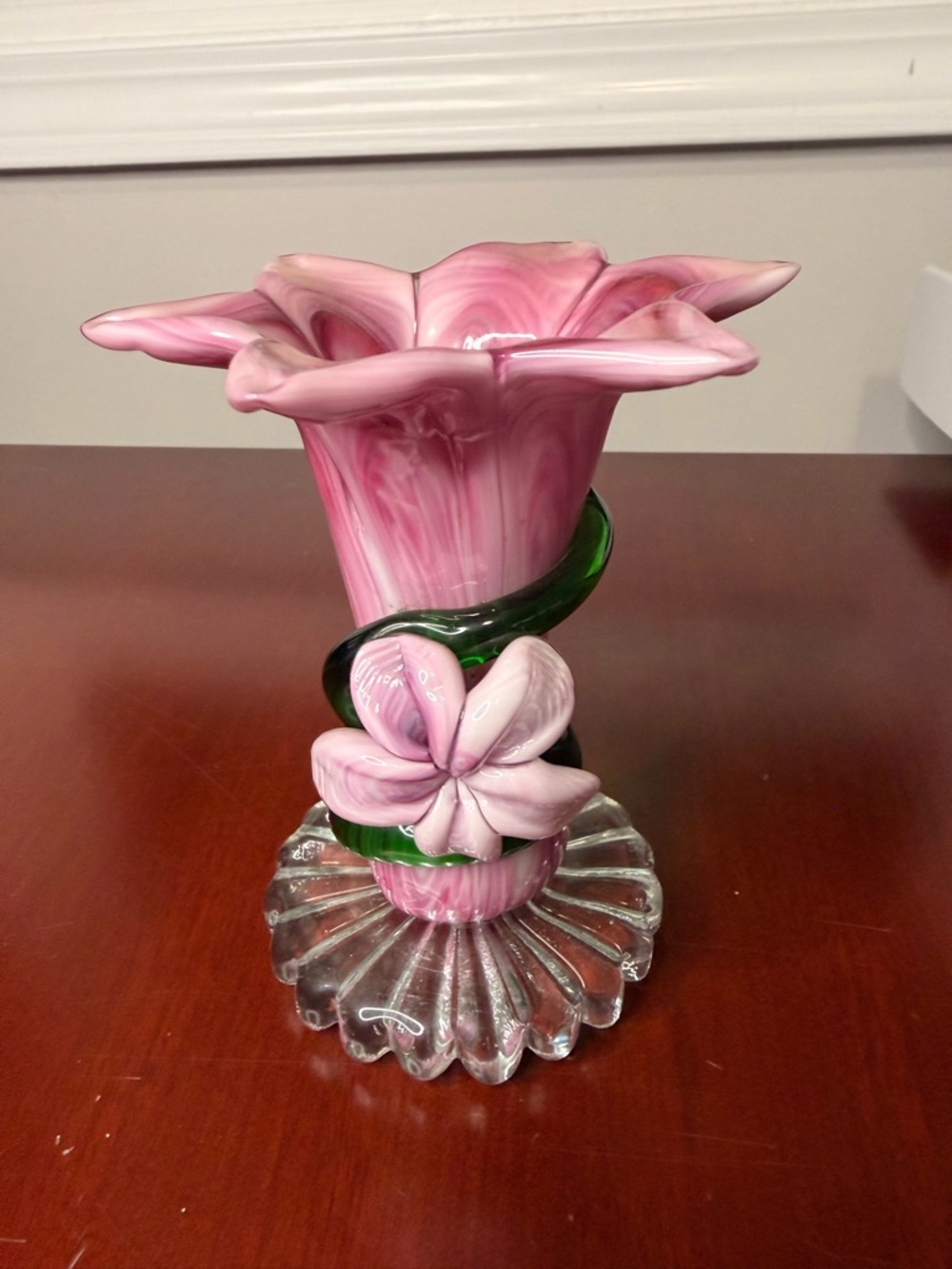 Murano Style Art Blown Glass Pink Purple Green Flower Petal Shape Bud Vase